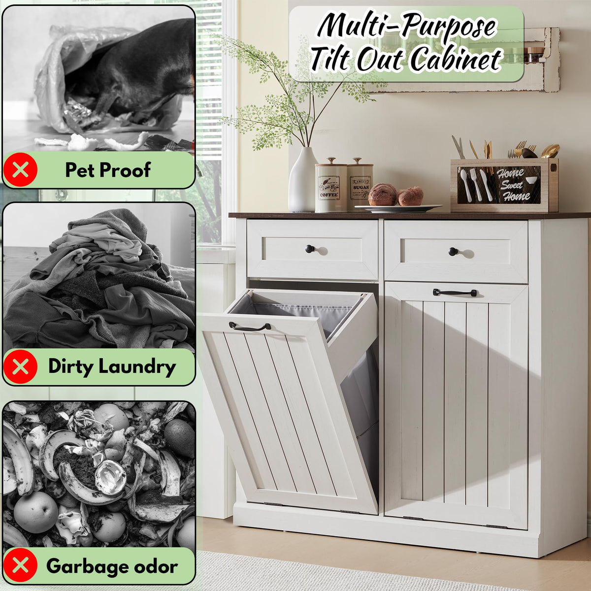 Double Tilt Out Laundry Hamper Cabinet Antique White O280