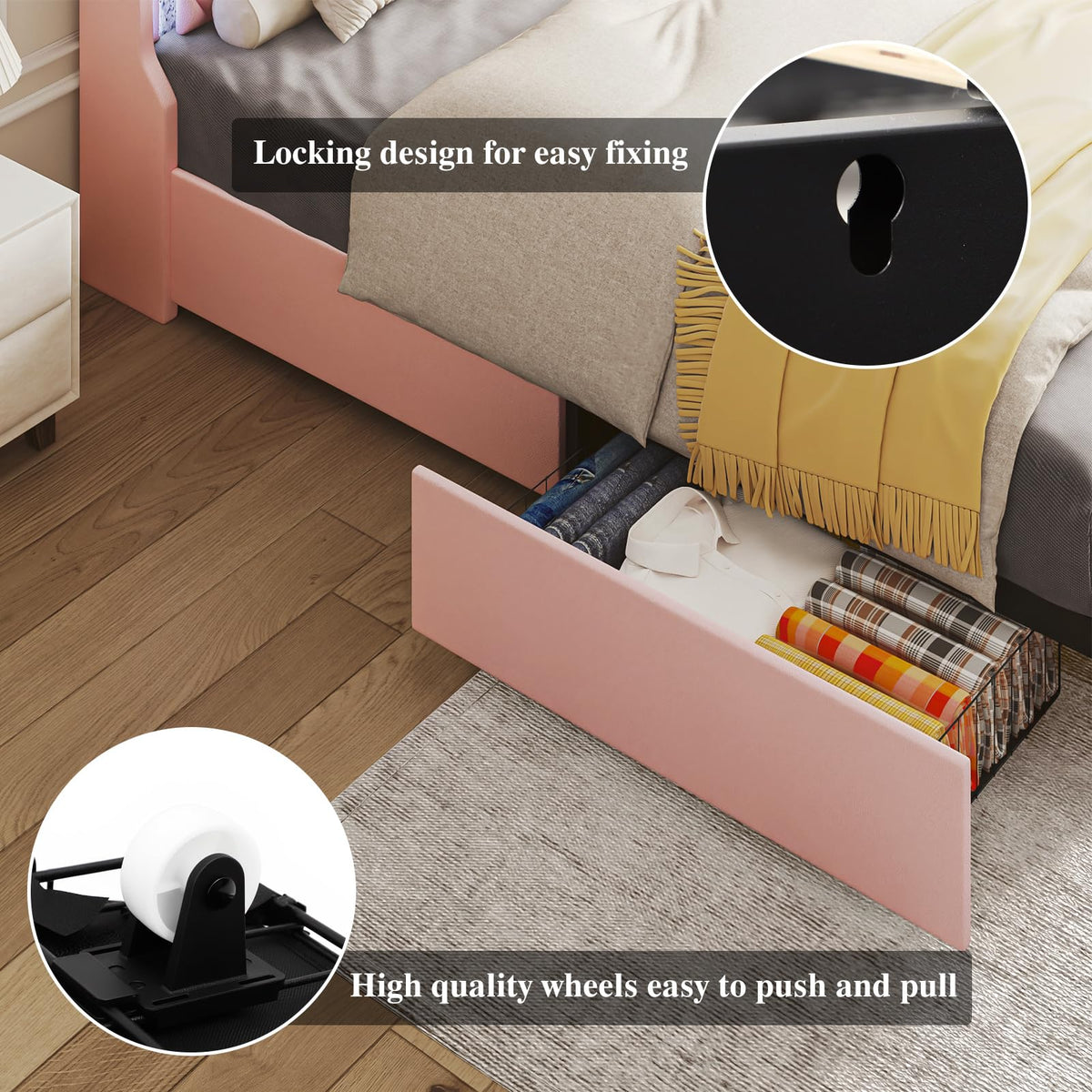 Pink Upholstered Full Size Bed Frame with Storage Headboard and 2 Drawers G76974