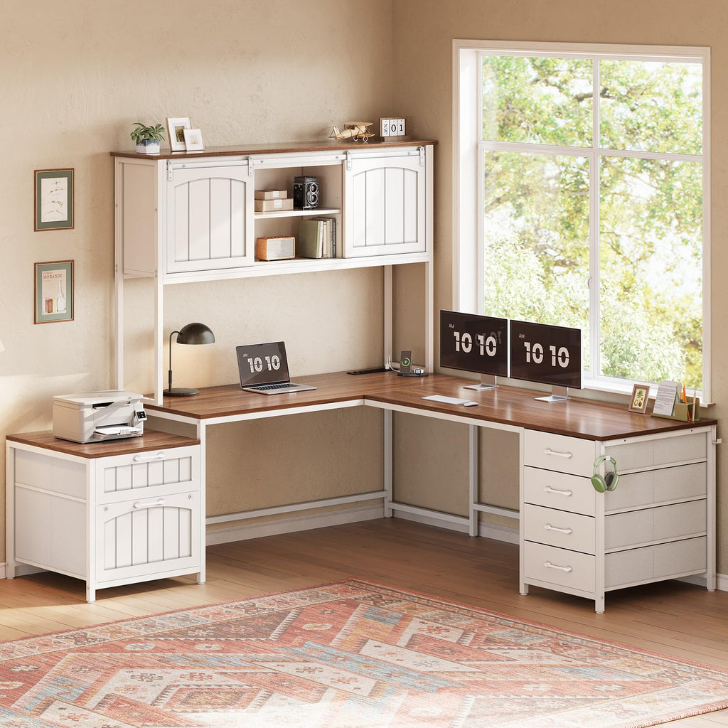 L Shaped Office Desk with 6 Drawer, Hutch B897
