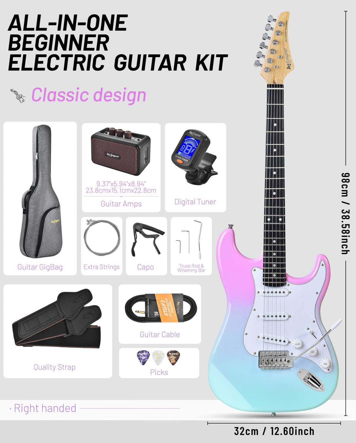 Beginner Electric Guitar 39” Kit with Portable Amplifier, Gig Bag, Tuner, Capo, Strap, Picks, SSS Pickups W333