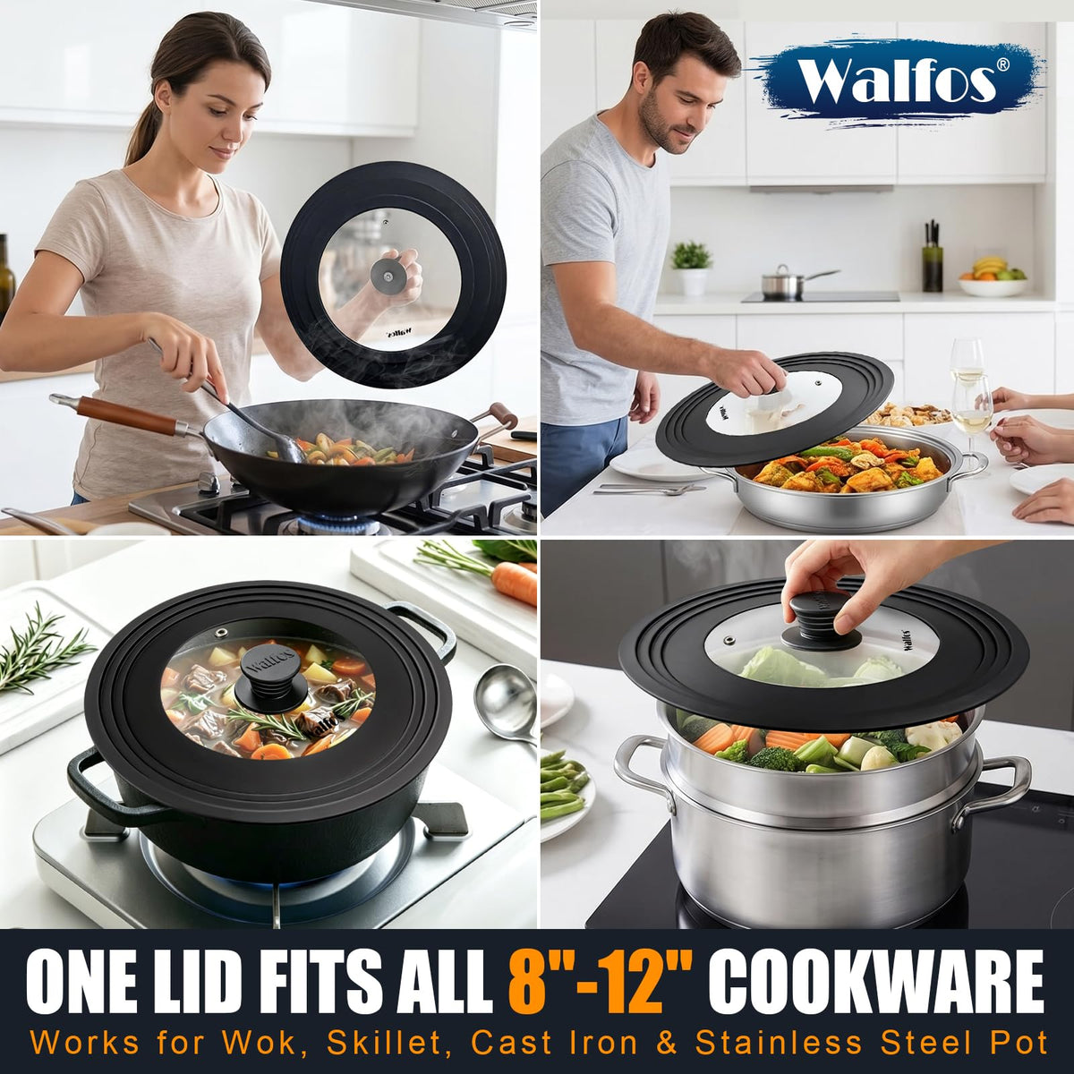 Universal Pan Lid with Heat Resistant Silicone Rim and Tempered Glass, Fits 8" to 12" Cookware S1951