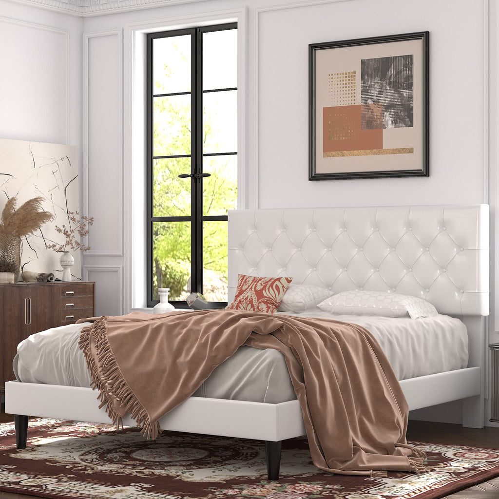 Queen Size Platform Bed Frame with Faux Leather Headboard L1951