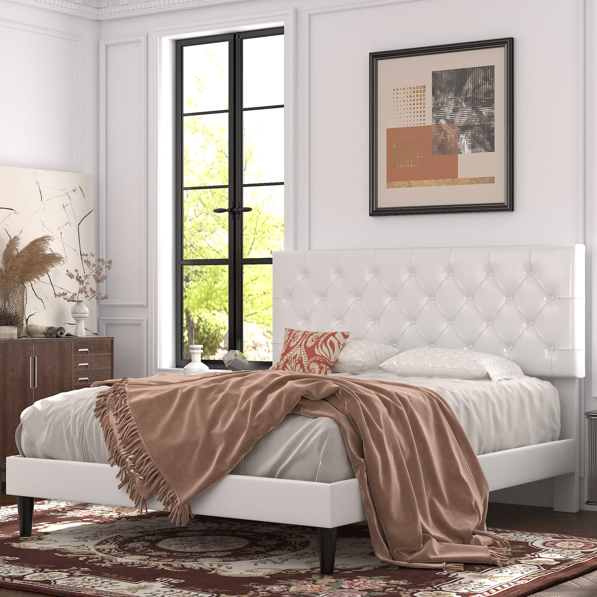 Queen Size Platform Bed Frame with Faux Leather Headboard L1951
