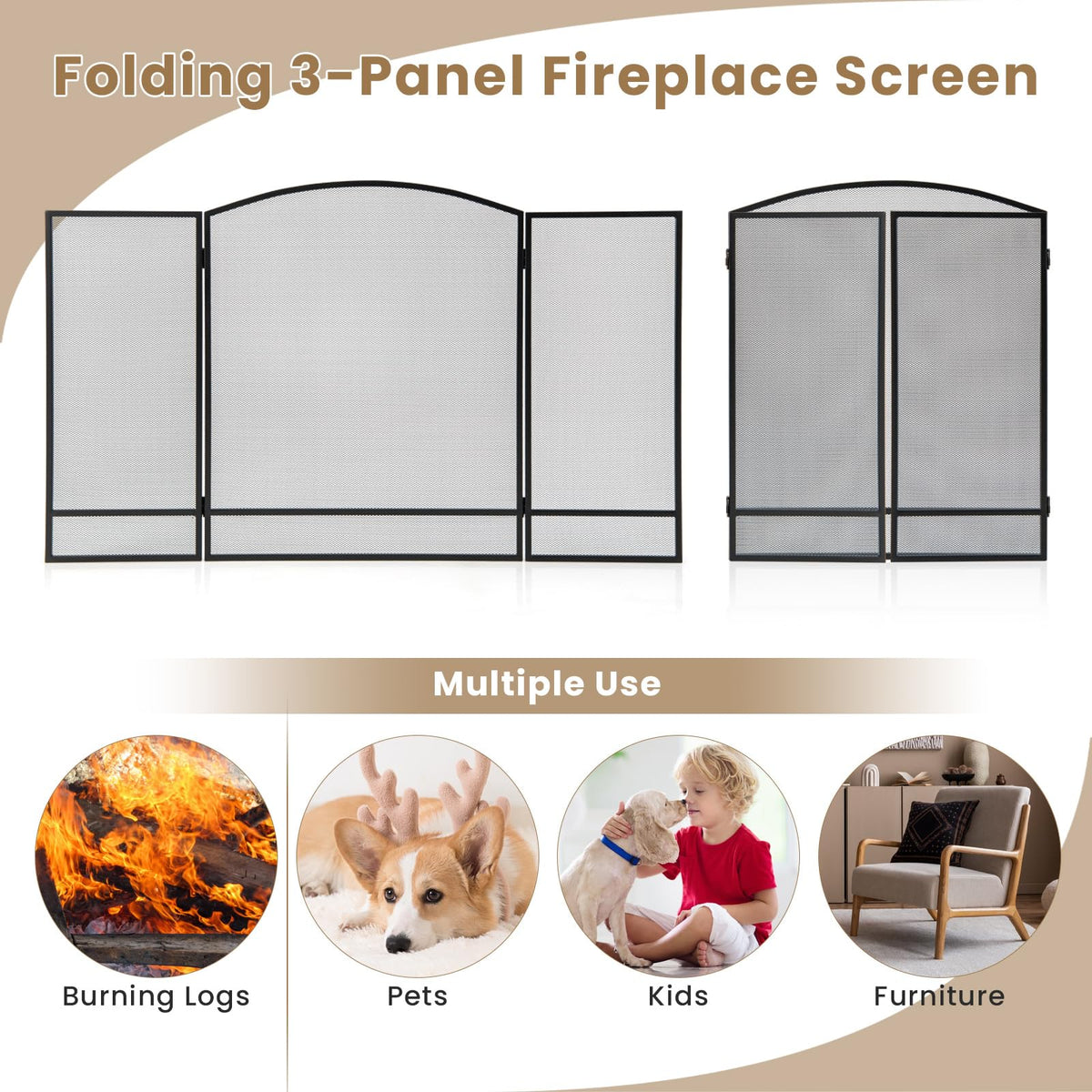 Black Wrought Iron 3 Panel Folding Fireplace Screen G518