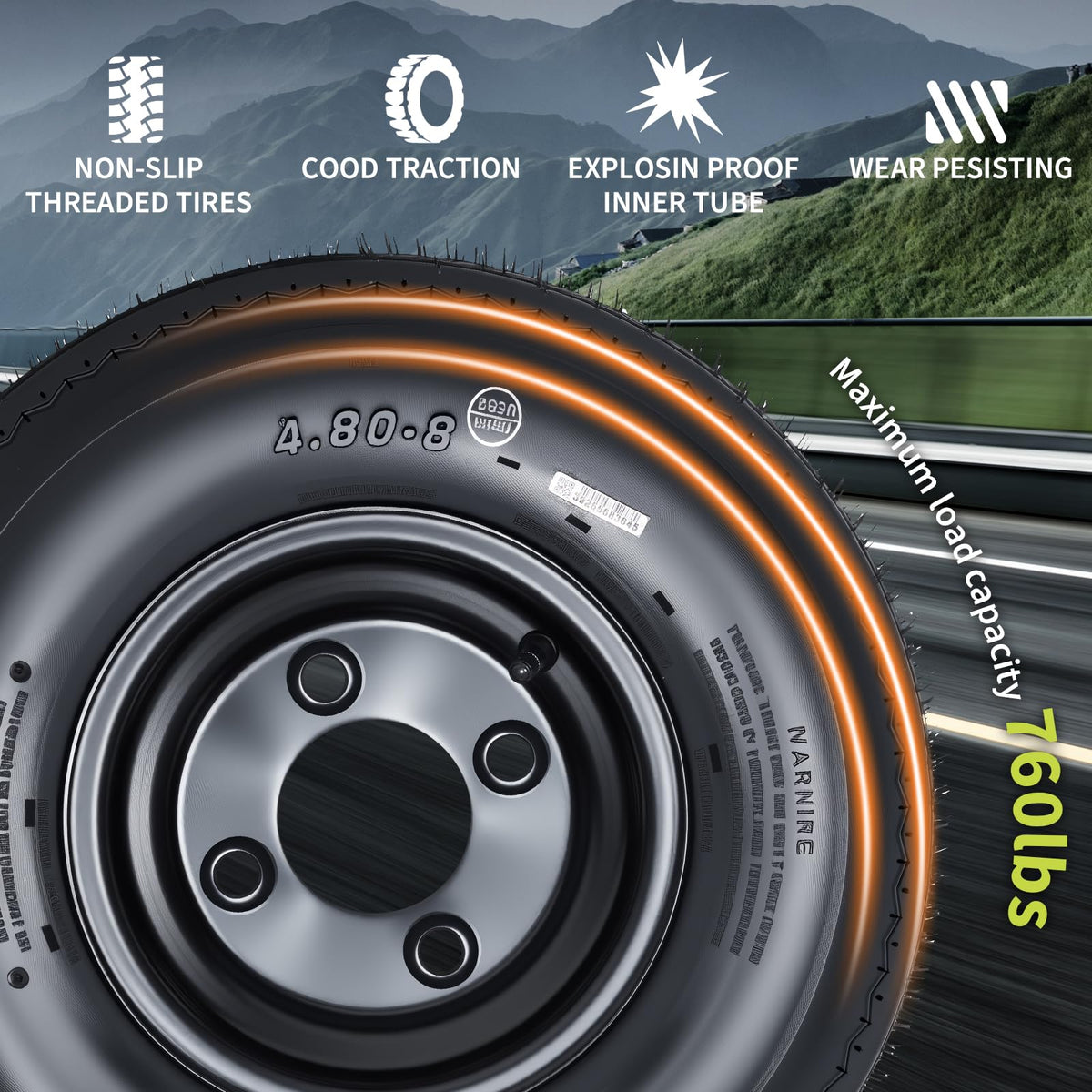 2-Pack Trailer Tire on Rim 4.80-8 4 Lug Black N8783
