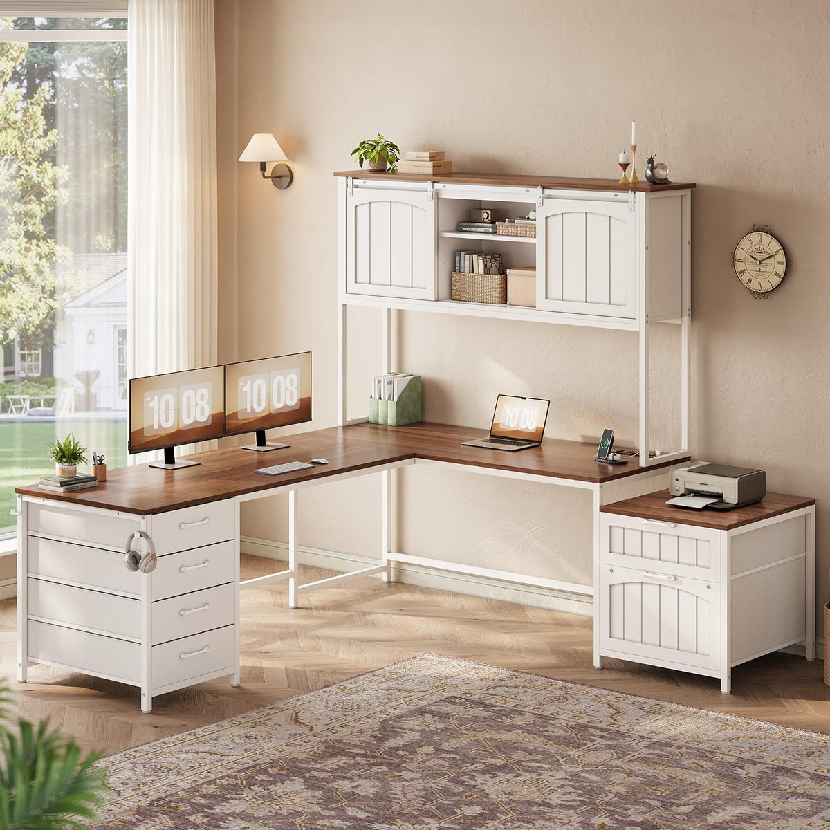 L Shaped Office Desk with 6 Drawer, Hutch B897