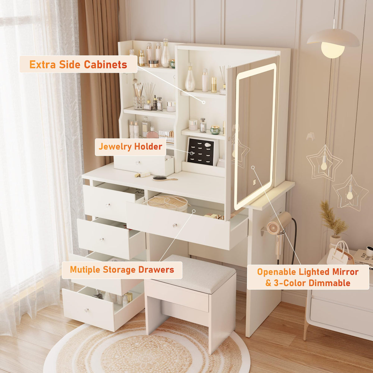 White Makeup Vanity Desk with LED Lights Mirror Q605