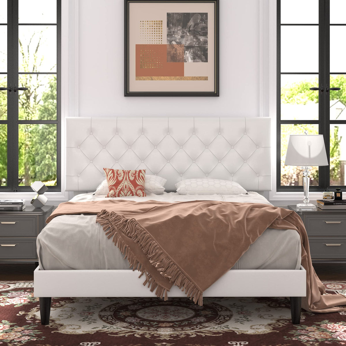 Queen Size Platform Bed Frame with Faux Leather Headboard L1951