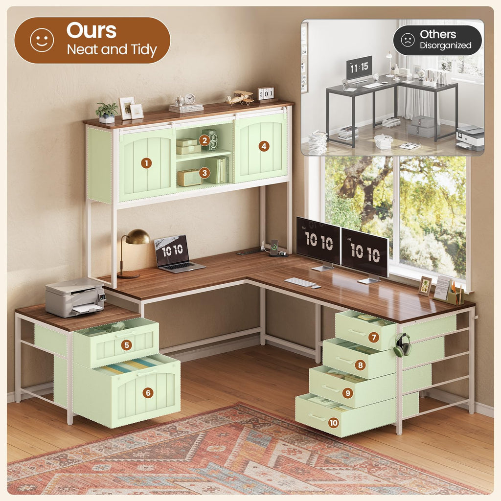 L Shaped Office Desk with 6 Drawer, Hutch B897