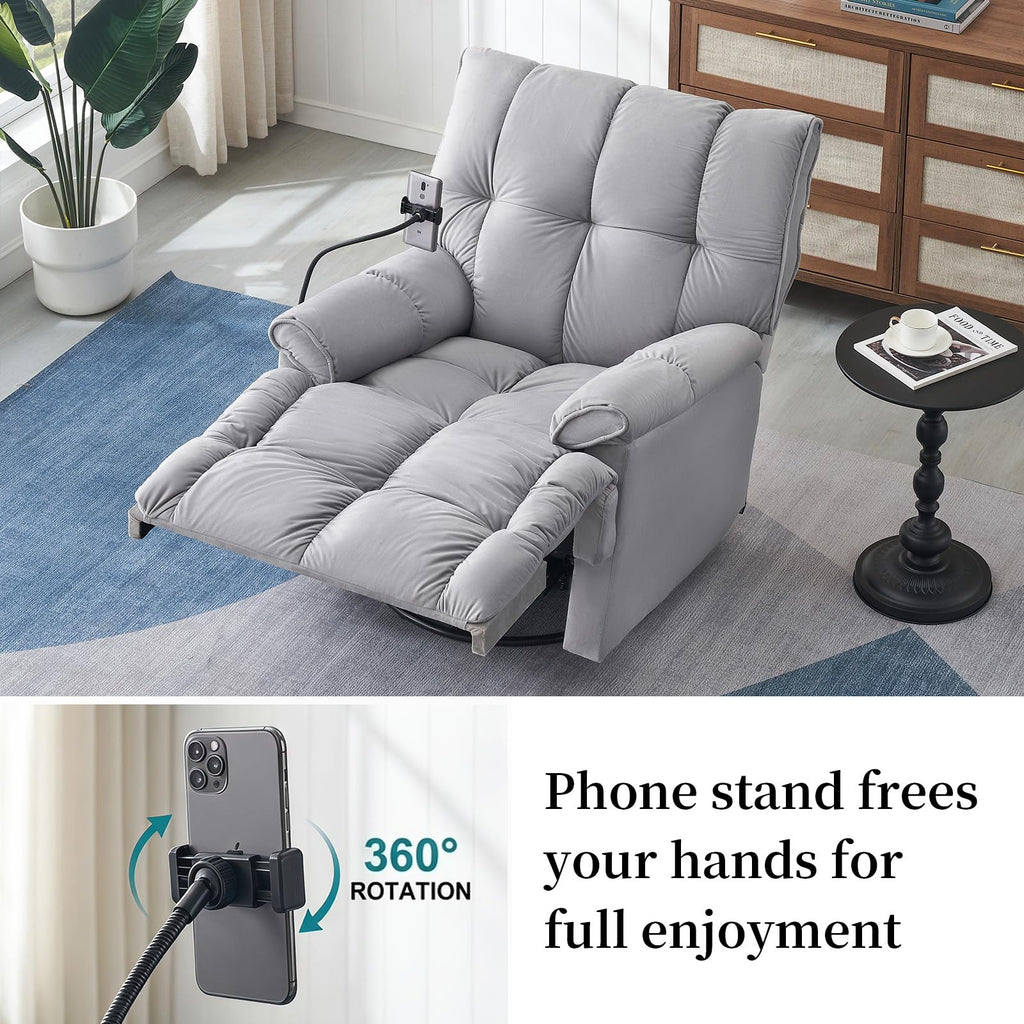 Velvet Swivel Recliner Accent Chair with Detachable Side Phone Holder Q862816