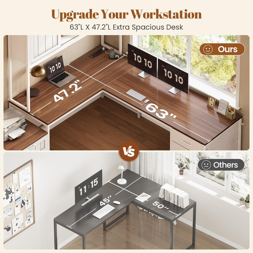 L Shaped Office Desk with 6 Drawer, Hutch B897