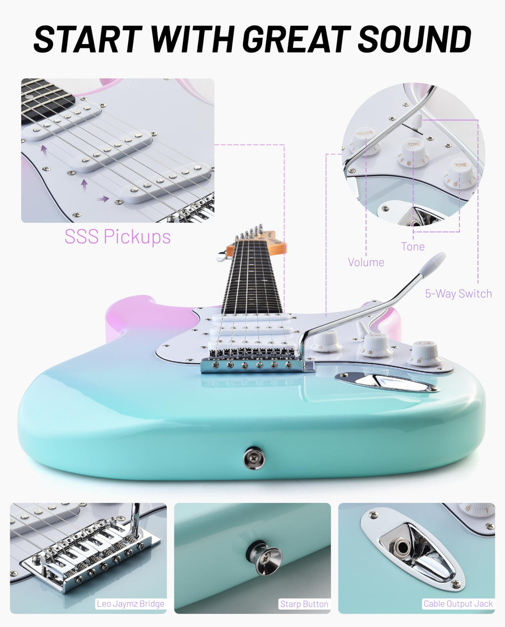 Beginner Electric Guitar 39” Kit with Portable Amplifier, Gig Bag, Tuner, Capo, Strap, Picks, SSS Pickups W333