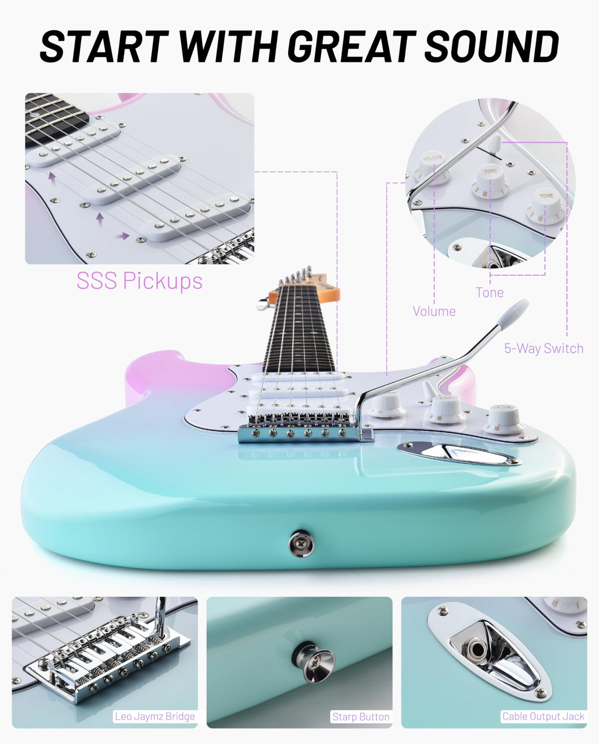 Beginner Electric Guitar 39” Kit with Portable Amplifier, Gig Bag, Tuner, Capo, Strap, Picks, SSS Pickups W333
