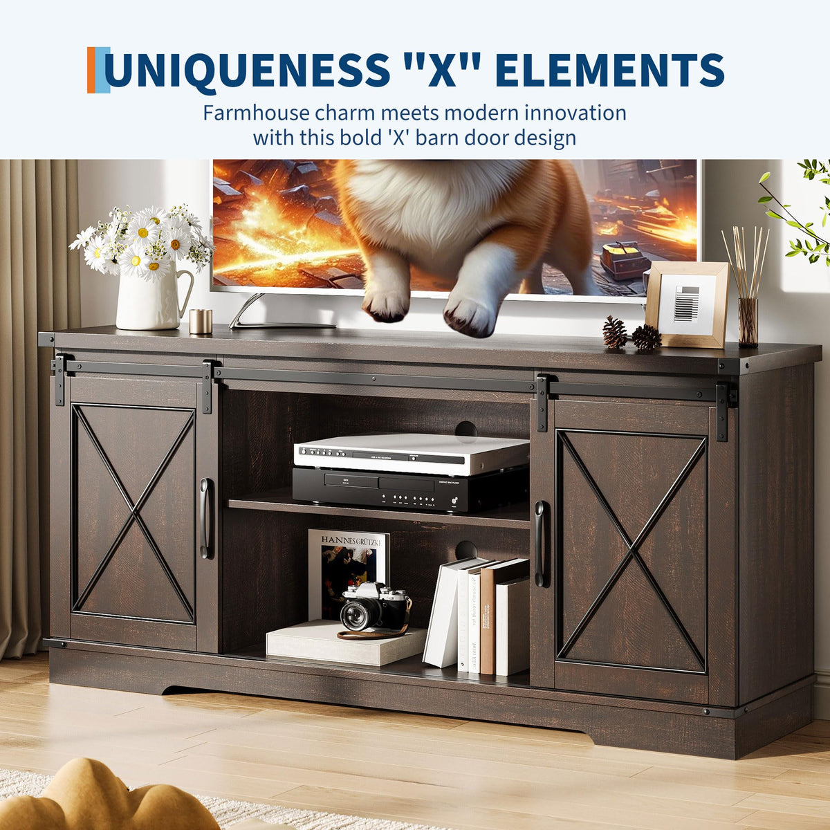 Farmhouse TV Stand with Sliding Barn Doors for 65 Inch TV B60310
