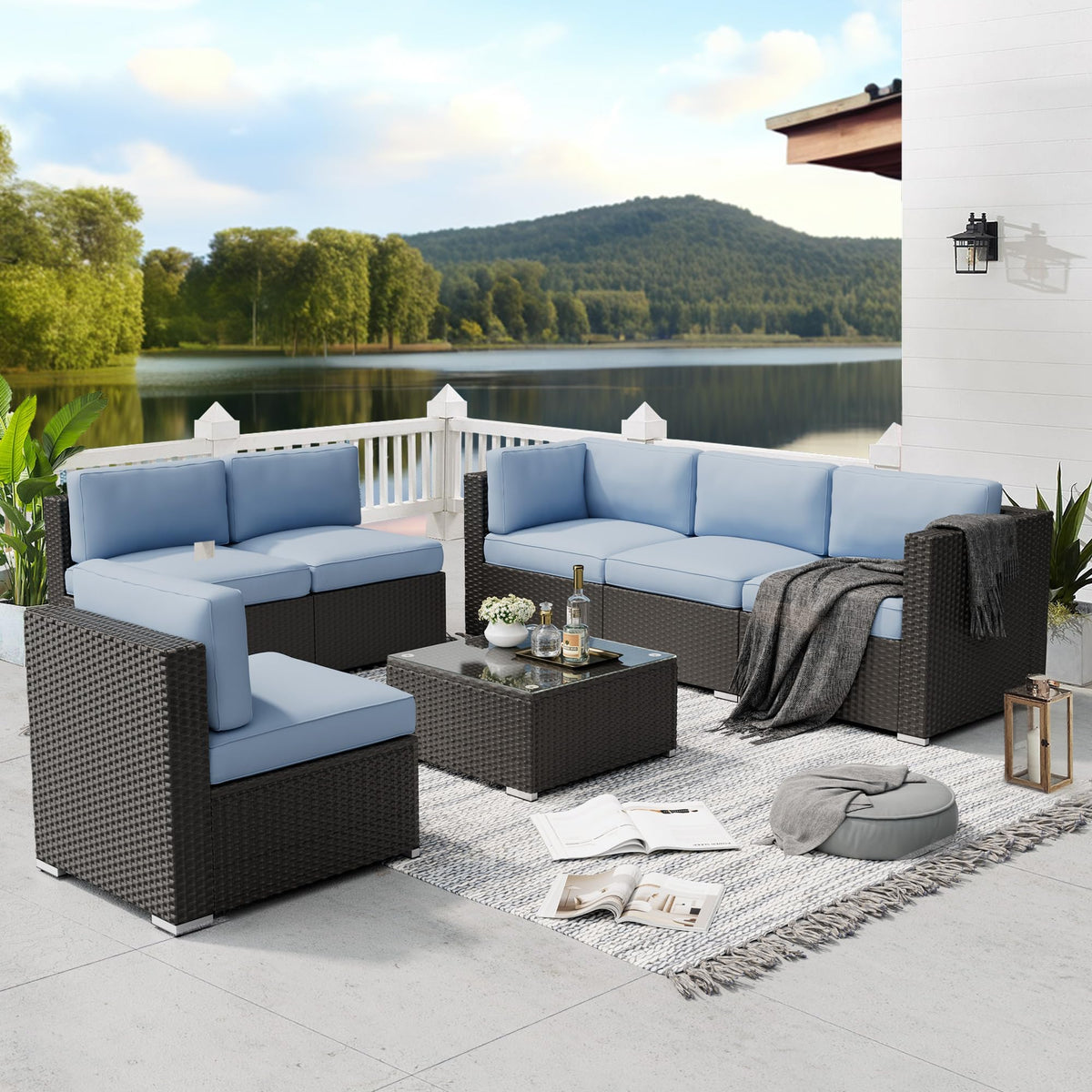7-Piece All-Weather Wicker Patio Sofa Set with Glass Coffee Table U626679