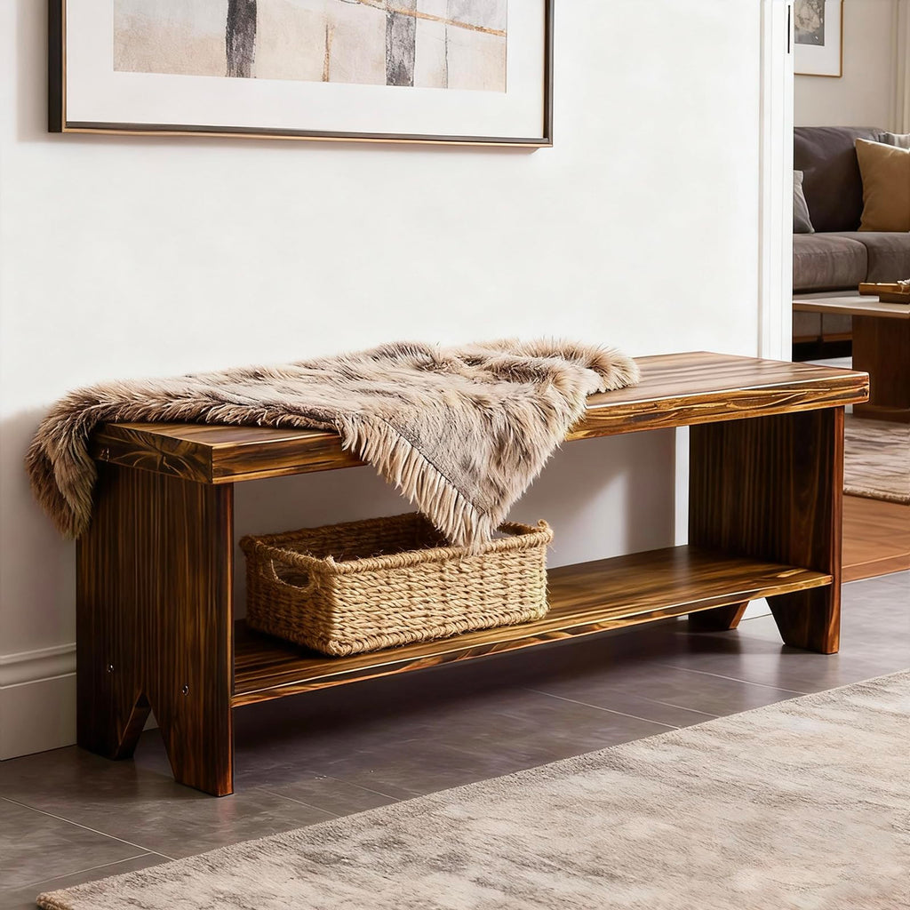 Solid Wood Entryway Bench with Storage Shelf V47566