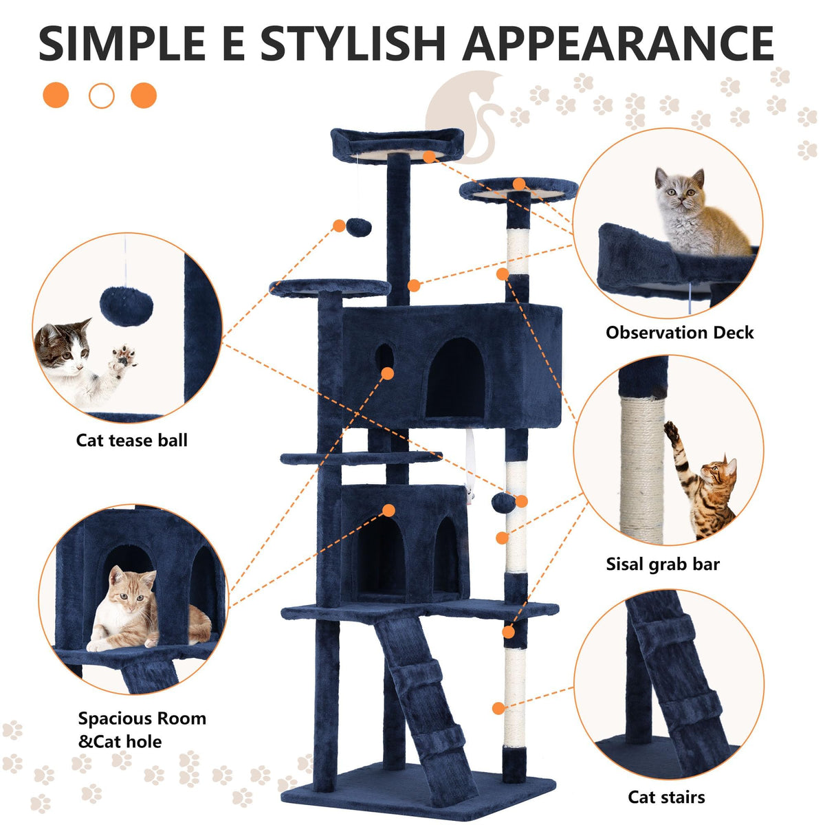 70 Inch Navy Blue Cat Tree Tower with Scratching Post G546