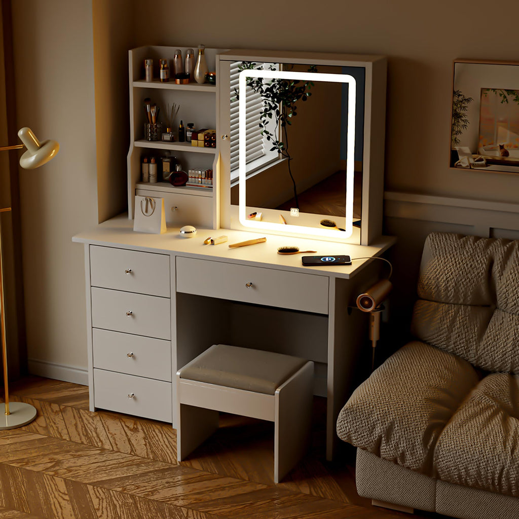 White Makeup Vanity Desk with LED Lights Mirror Q605