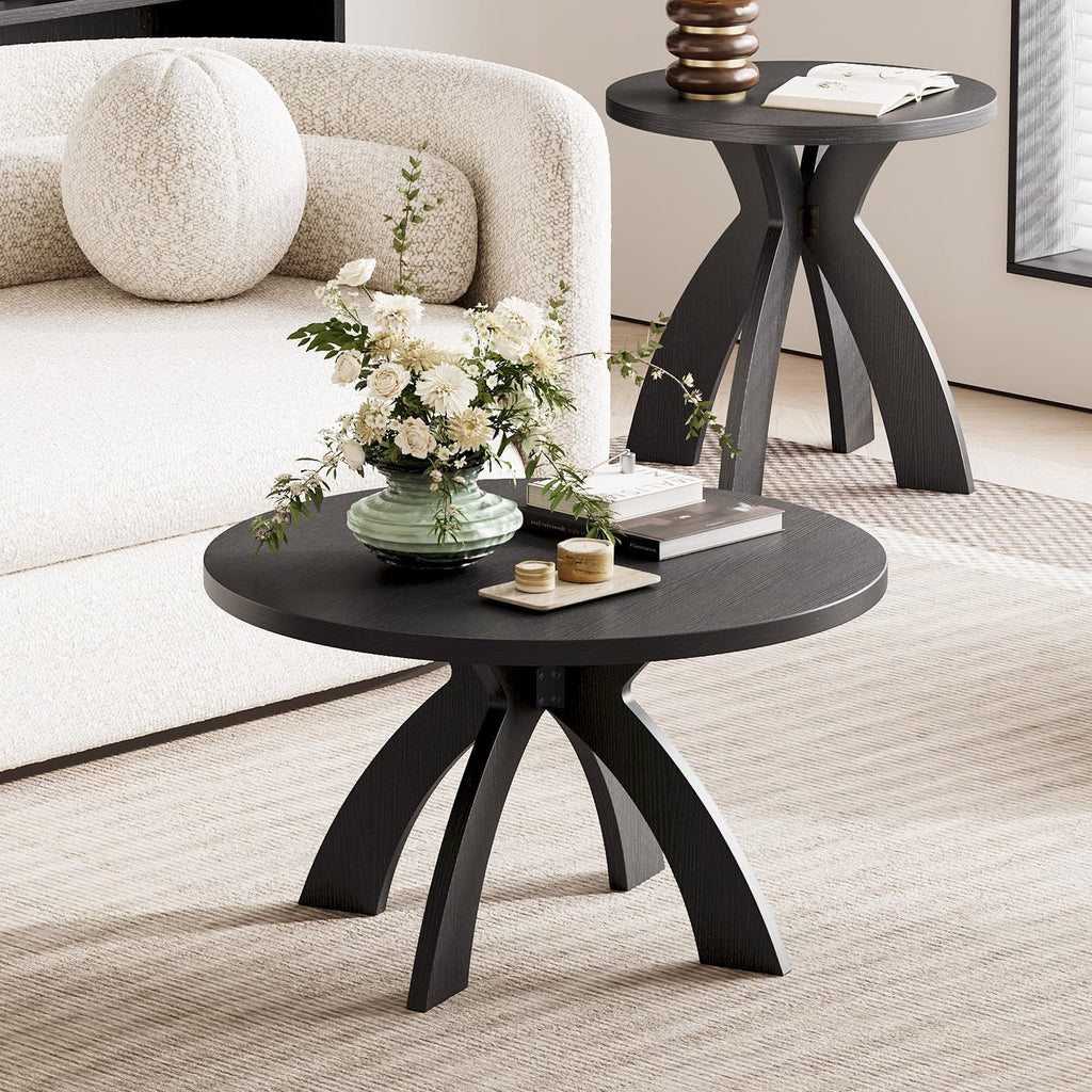 31.5" Round Wood Coffee Table with Cross Legs, Black X951085