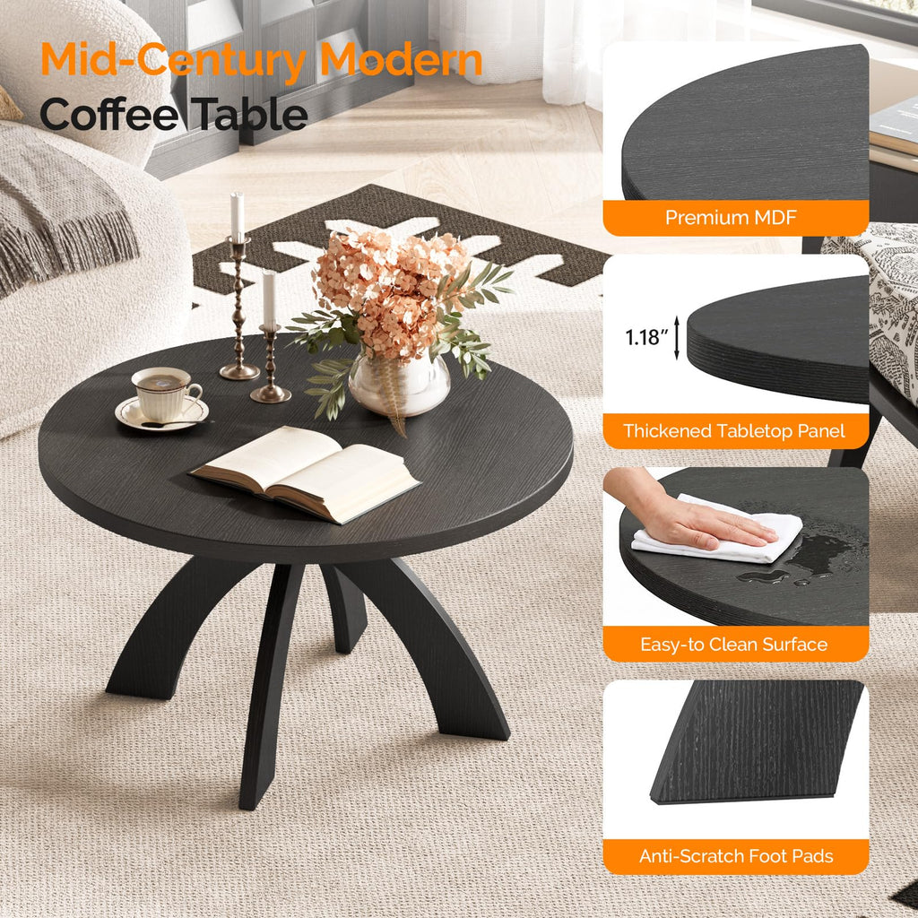 31.5" Round Wood Coffee Table with Cross Legs, Black X951085