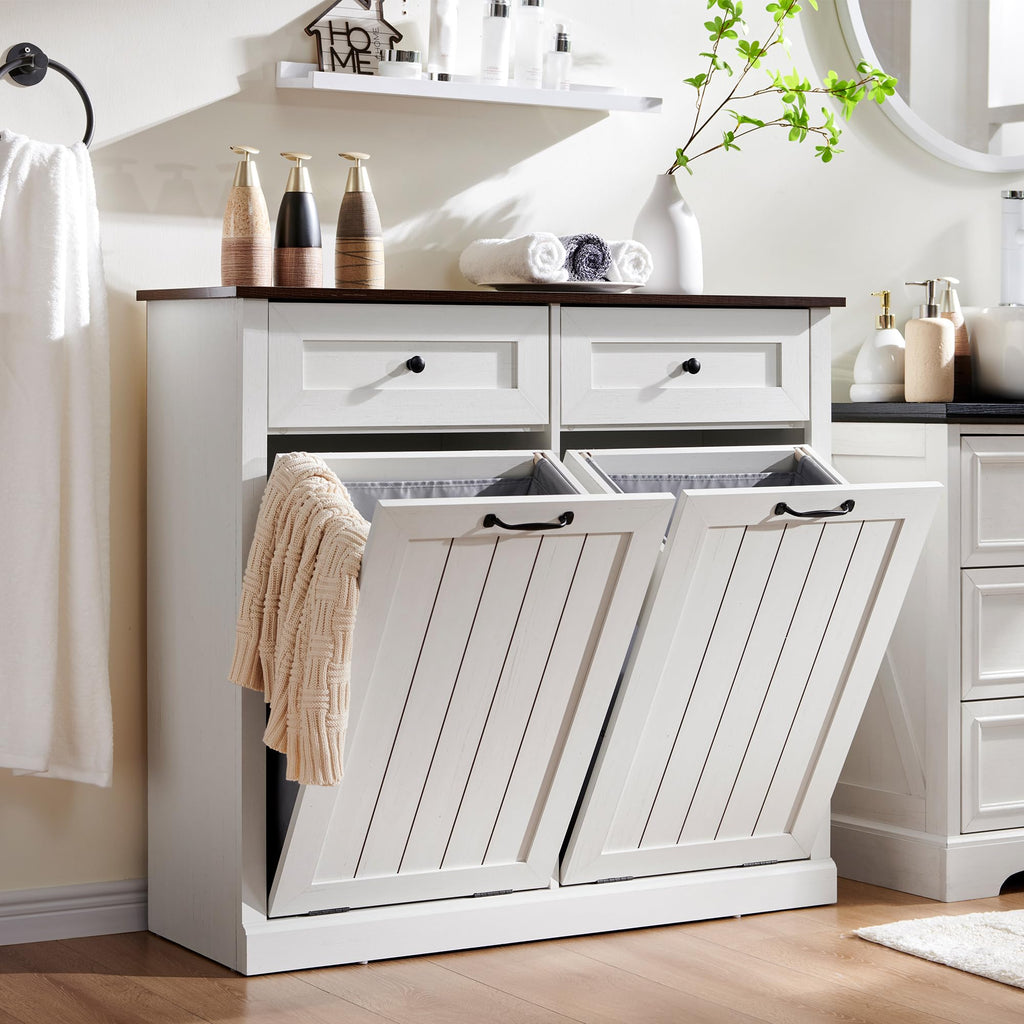 Double Tilt Out Laundry Hamper Cabinet Antique White O280
