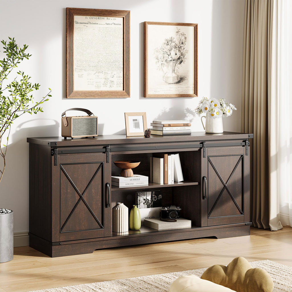 Farmhouse TV Stand with Sliding Barn Doors for 65 Inch TV B60310