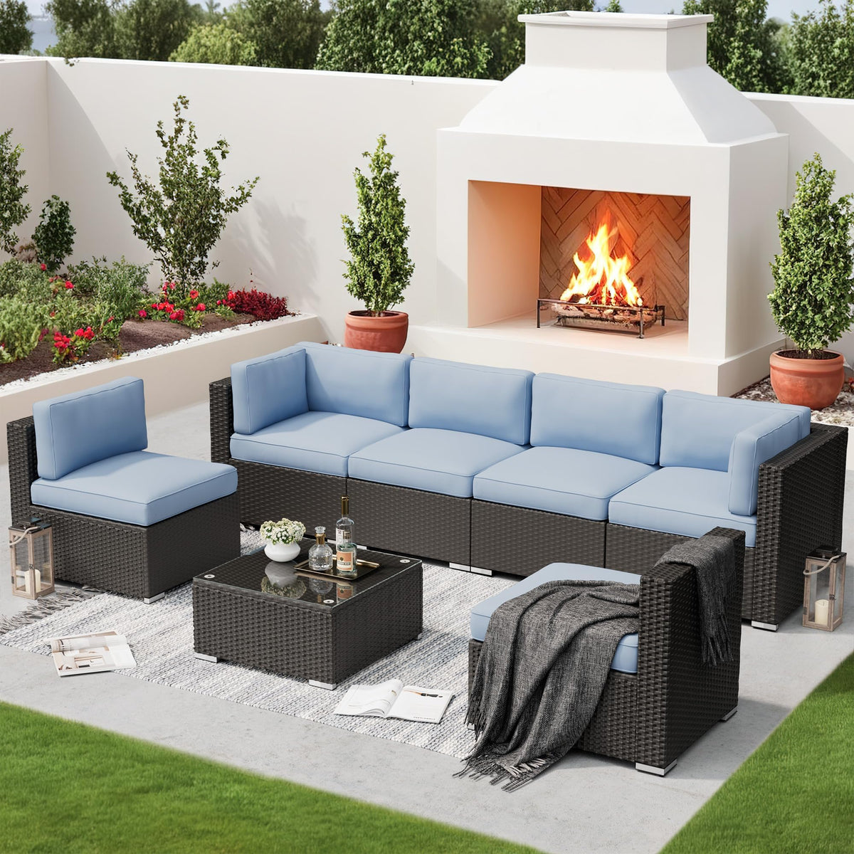 7-Piece All-Weather Wicker Patio Sofa Set with Glass Coffee Table U626679