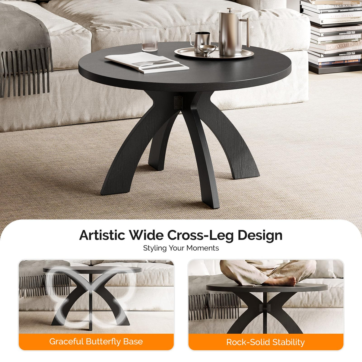31.5" Round Wood Coffee Table with Cross Legs, Black X951085