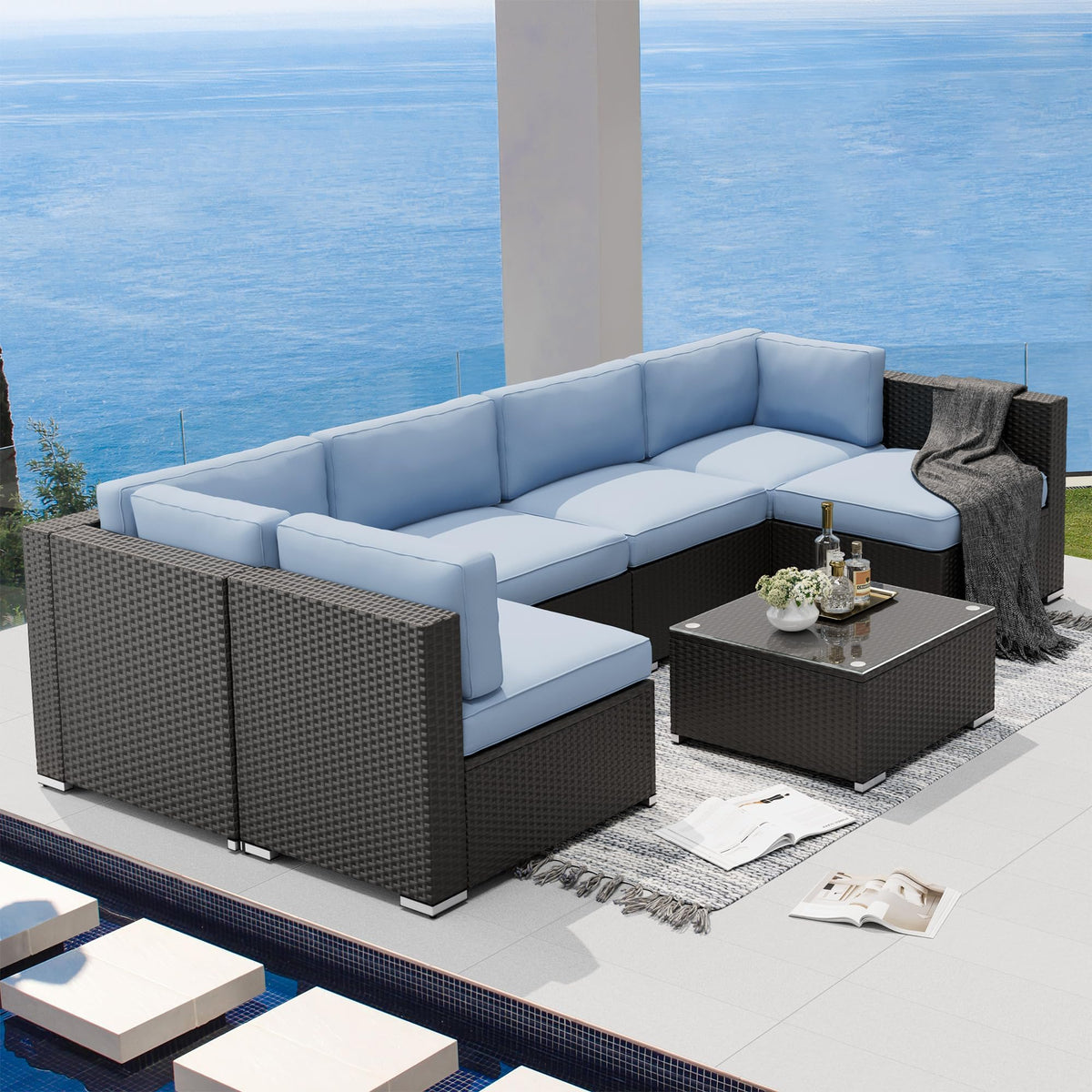 7-Piece All-Weather Wicker Patio Sofa Set with Glass Coffee Table U626679