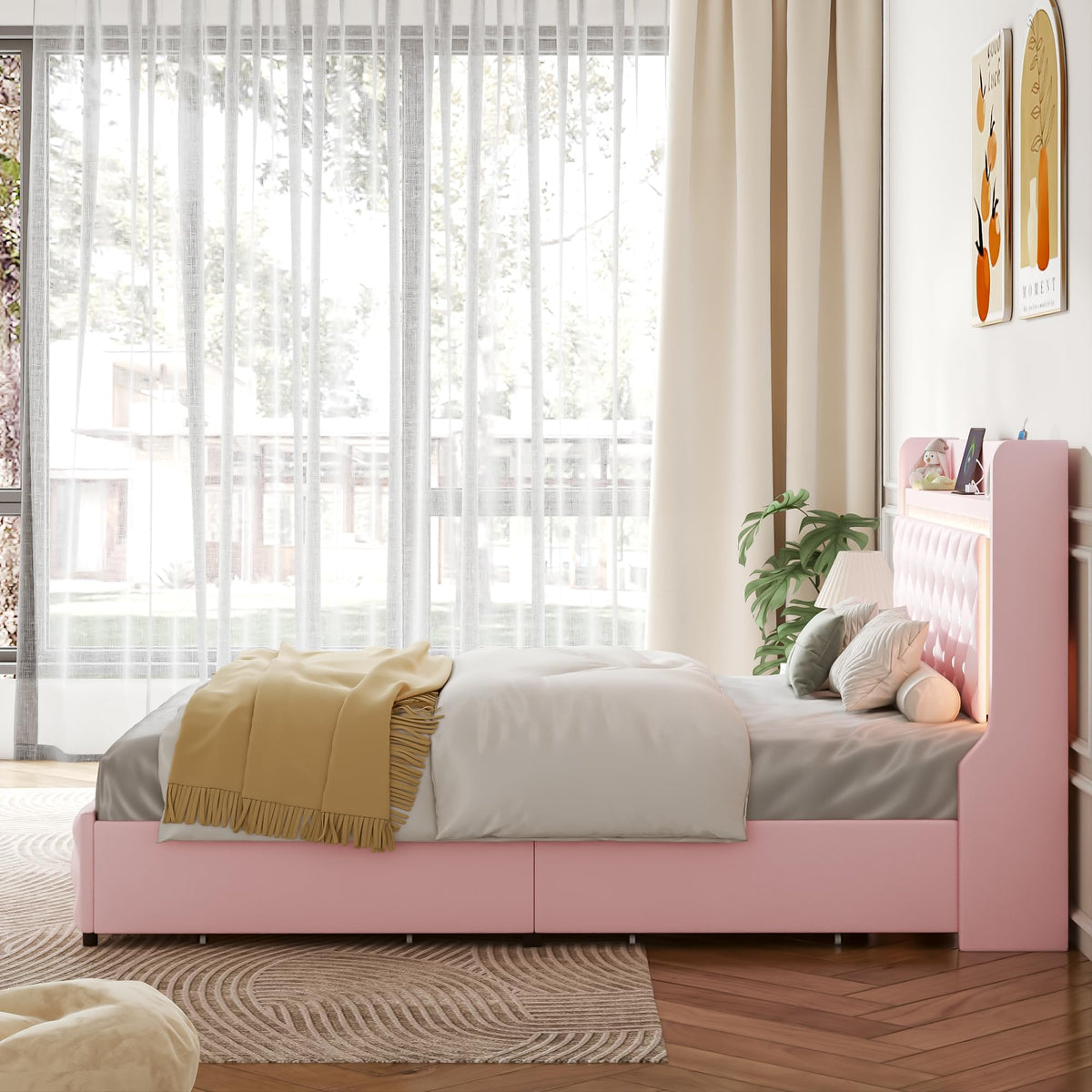 Pink Upholstered Full Size Bed Frame with Storage Headboard and 2 Drawers G76974