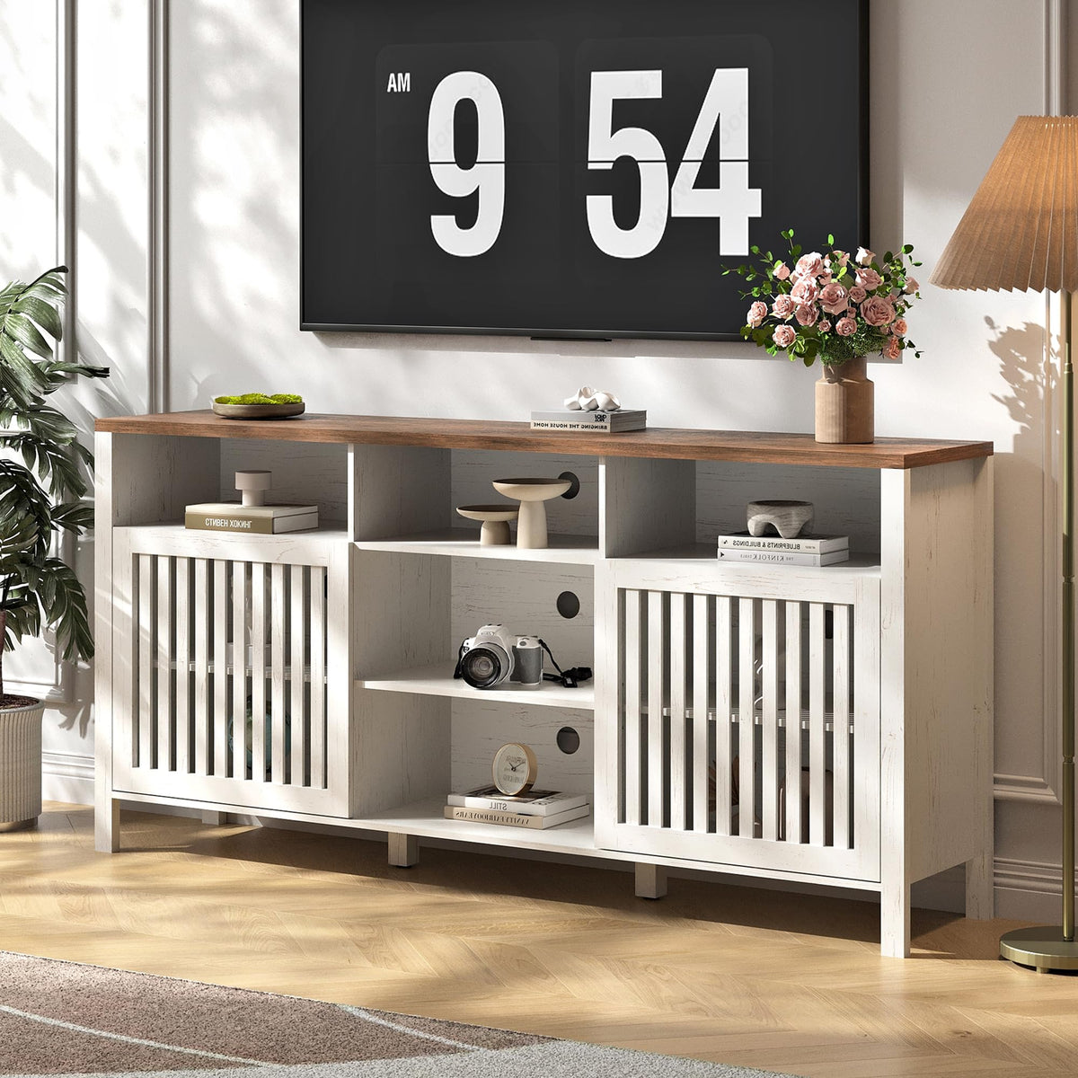 White TV Stand with Grille Doors and Adjustable Shelves U922341