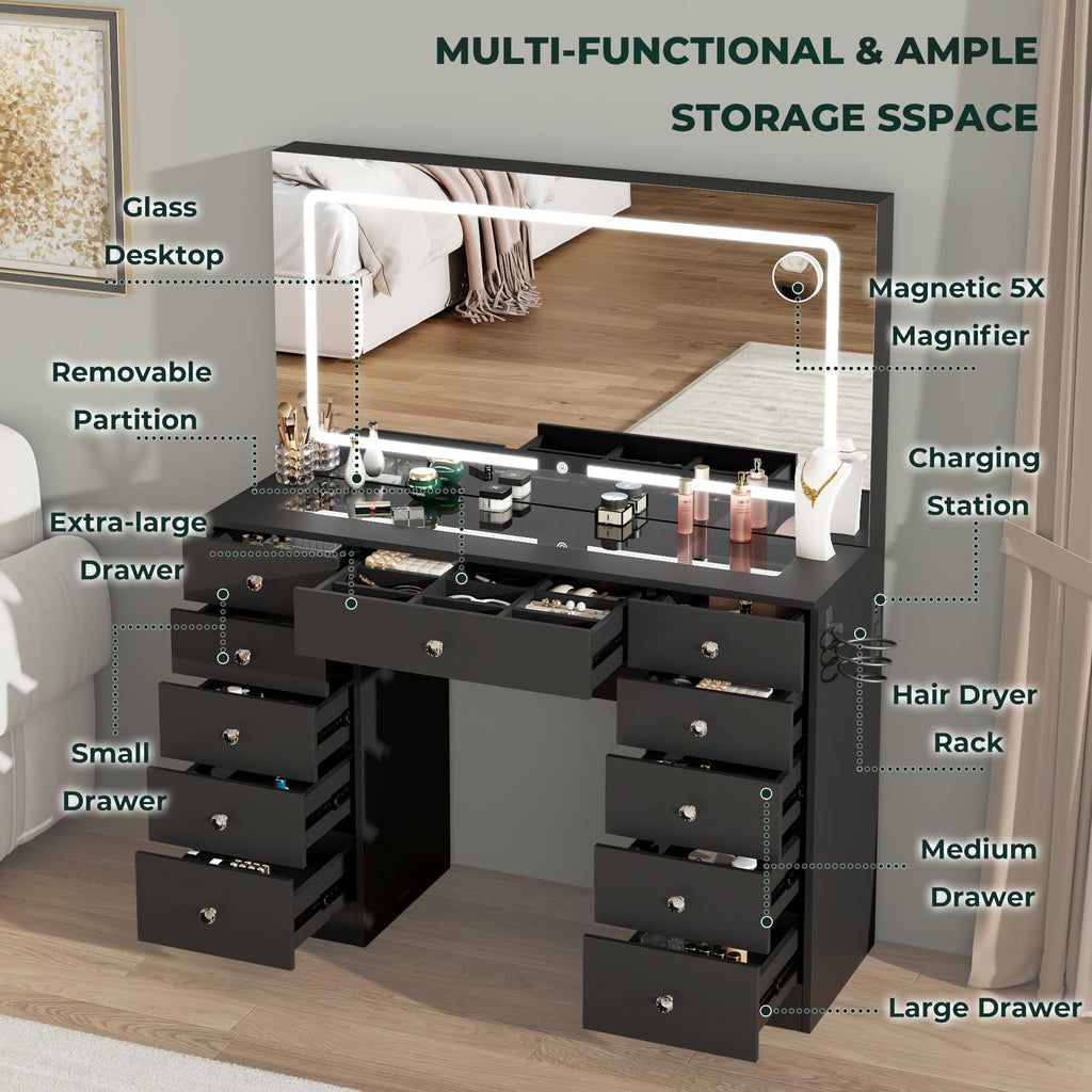 Black 11 Drawer Vanity Desk with Lighted Mirror Y735666