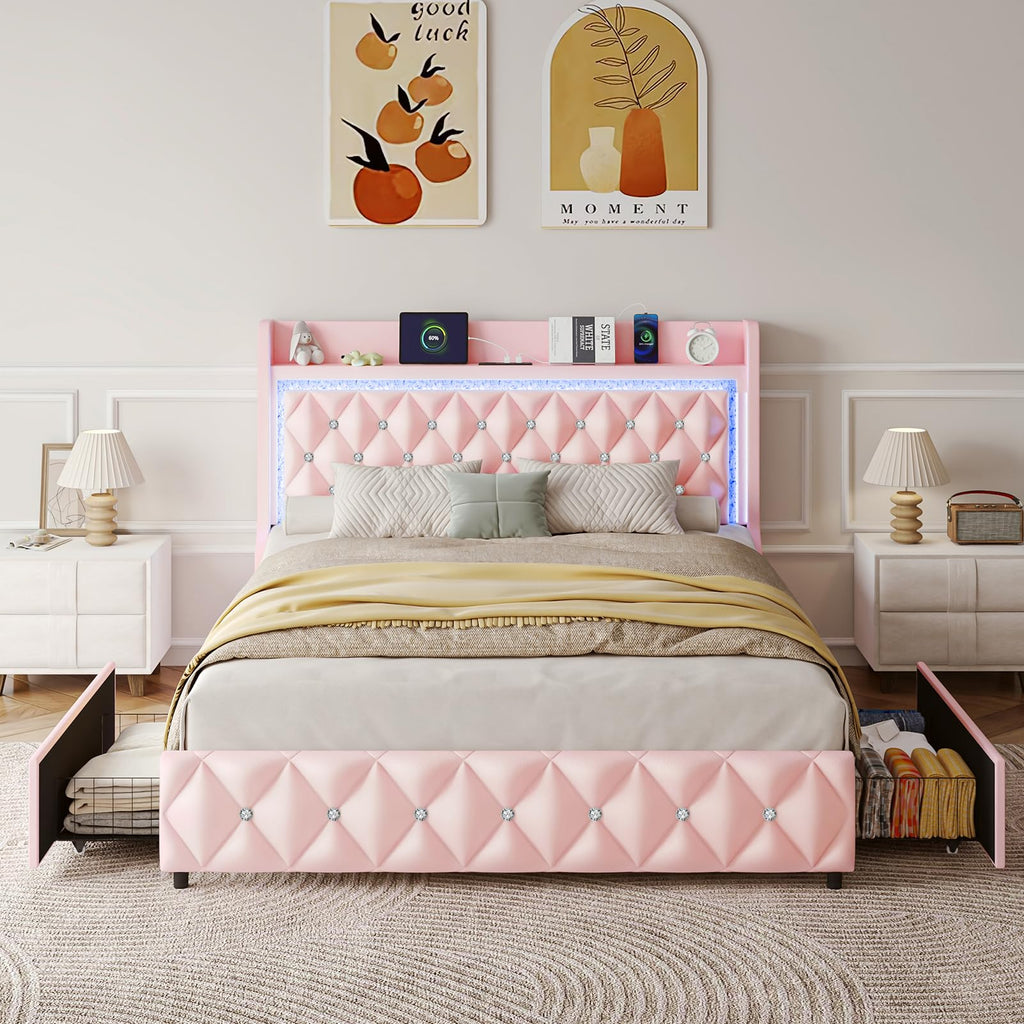 Pink Upholstered Full Size Bed Frame with Storage Headboard and 2 Drawers G76974