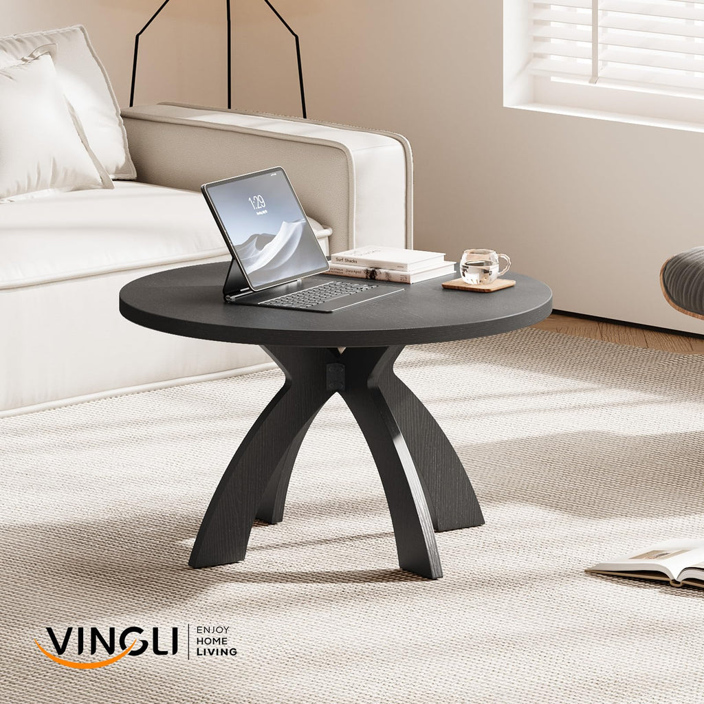 31.5" Round Wood Coffee Table with Cross Legs, Black X951085