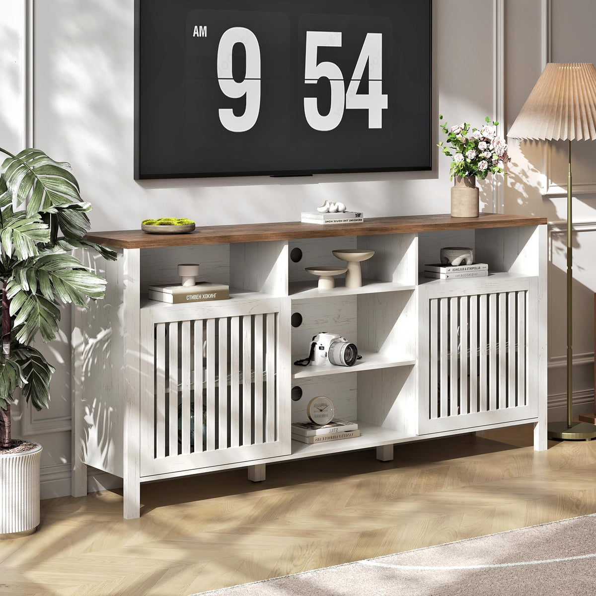 White TV Stand with Grille Doors and Adjustable Shelves U922341