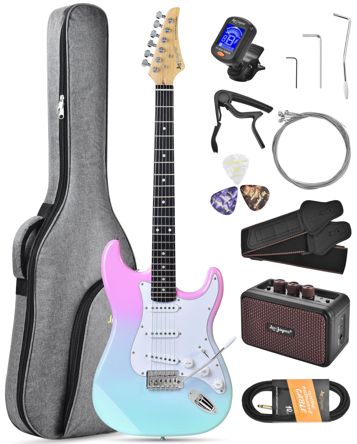 Beginner Electric Guitar 39” Kit with Portable Amplifier, Gig Bag, Tuner, Capo, Strap, Picks, SSS Pickups W333