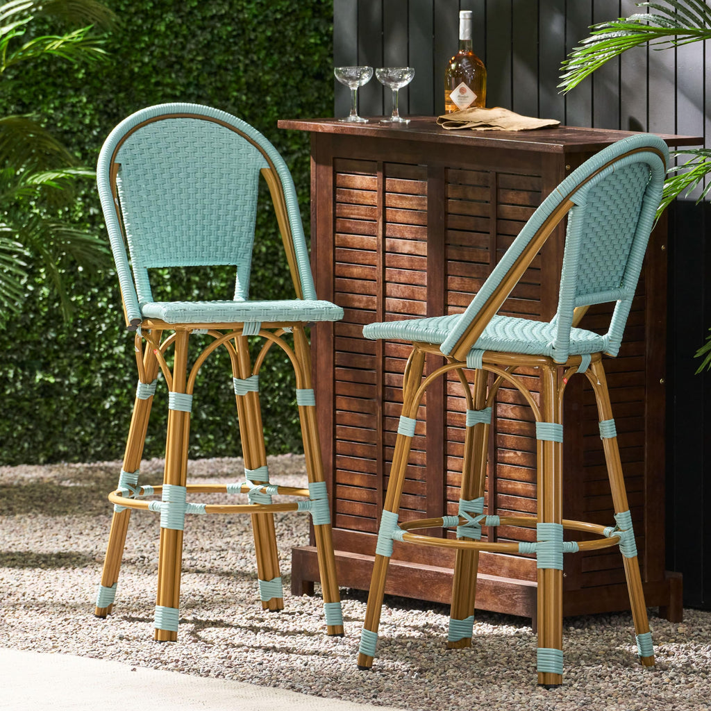29.5" PE Rattan Aluminum Bar Stools, Set of 2, Light Teal W1976