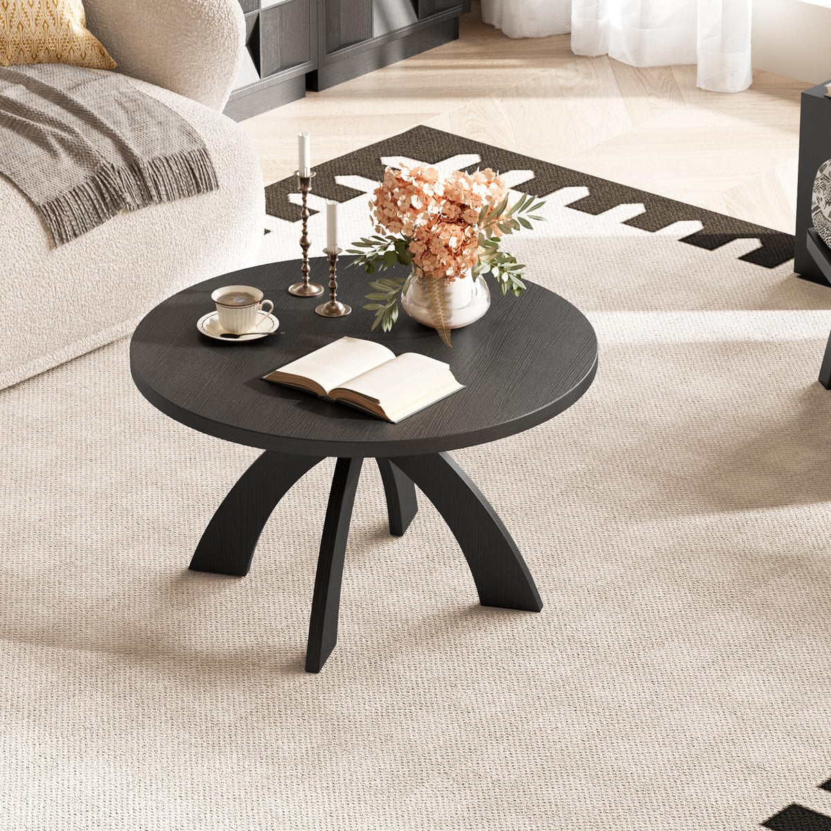 31.5" Round Wood Coffee Table with Cross Legs, Black X951085