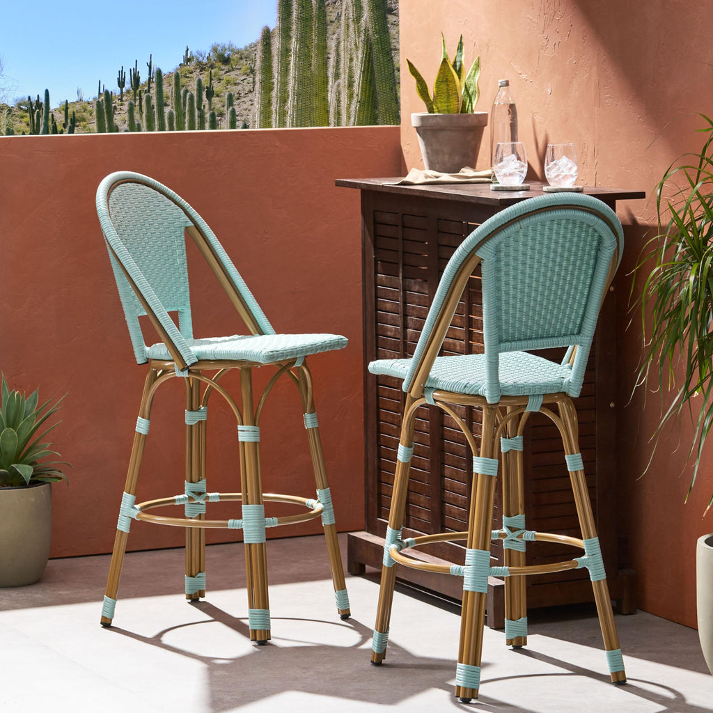 29.5" PE Rattan Aluminum Bar Stools, Set of 2, Light Teal W1976