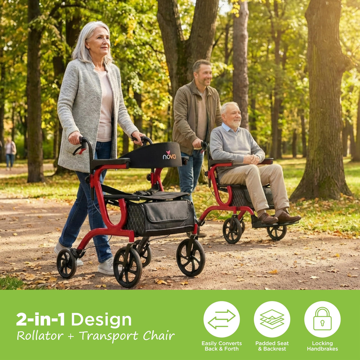 2-in-1 Rollator & Transport Wheelchair with Seat, Red R12639