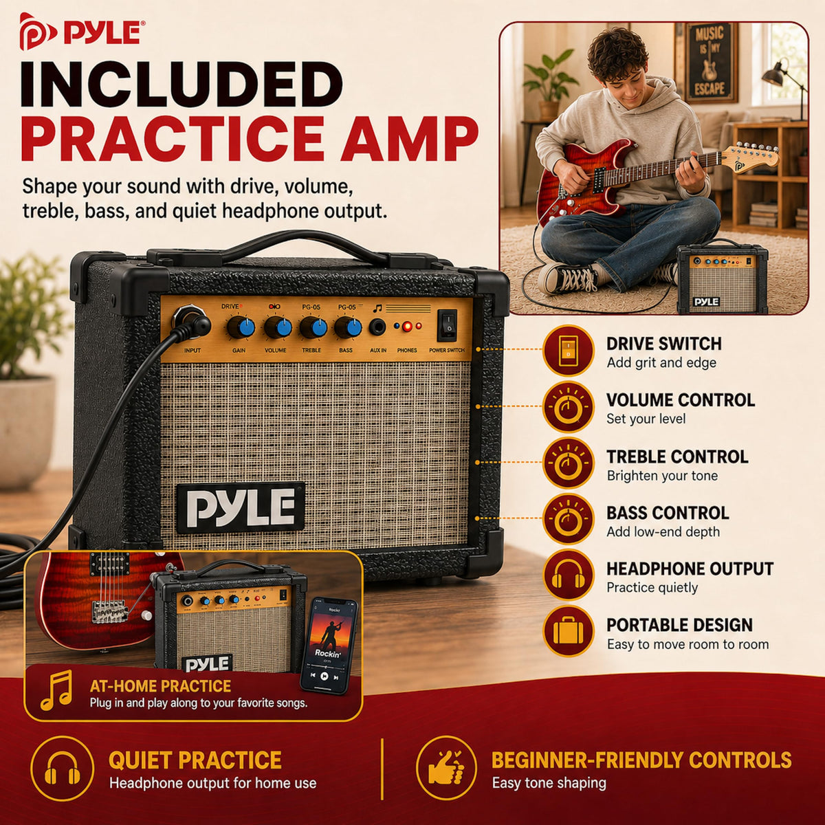 Red Full Size Electric Guitar Kit with Amp P8417