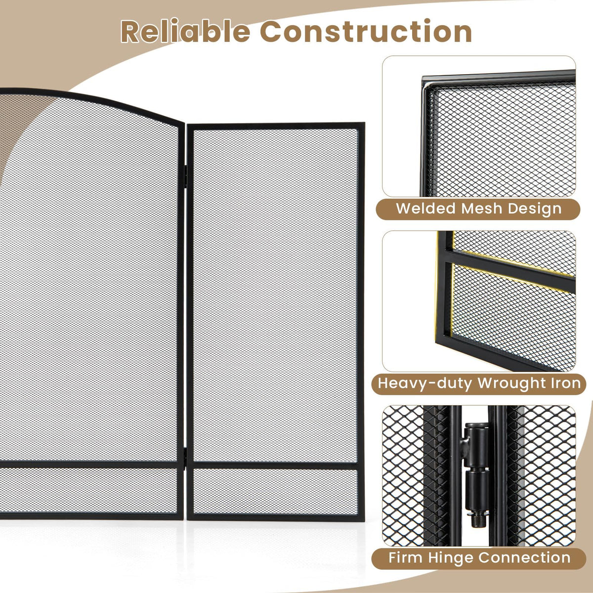 Black Wrought Iron 3 Panel Folding Fireplace Screen G518