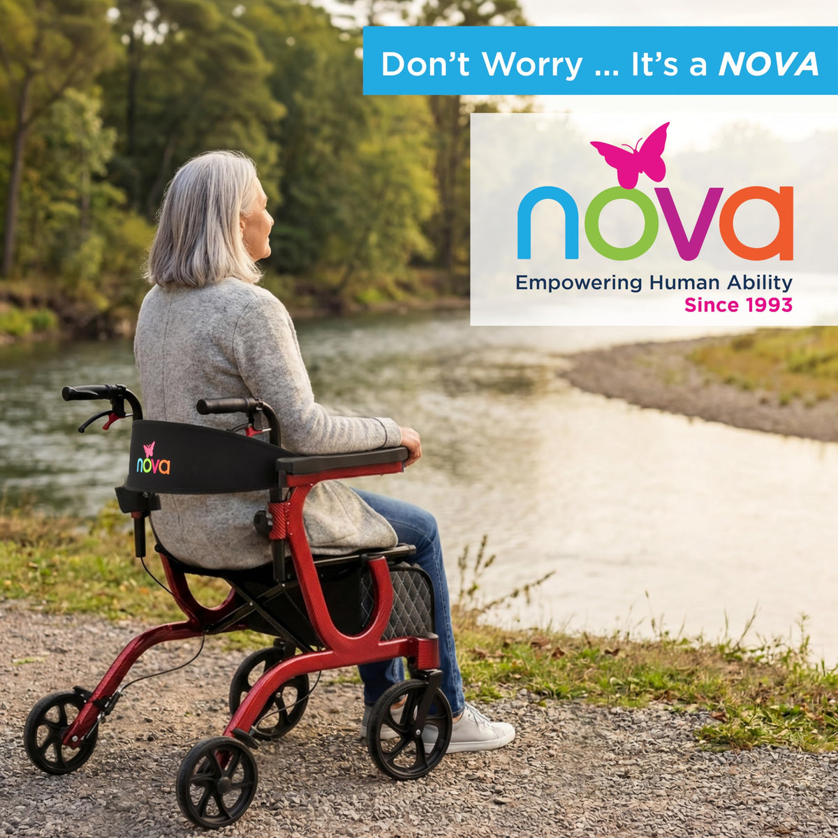 2-in-1 Rollator & Transport Wheelchair with Seat, Red R12639