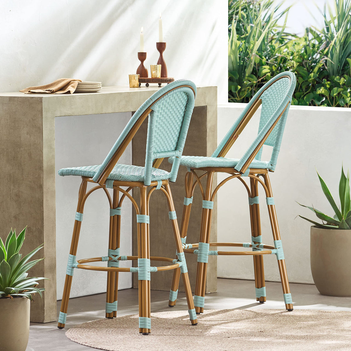 29.5" PE Rattan Aluminum Bar Stools, Set of 2, Light Teal W1976