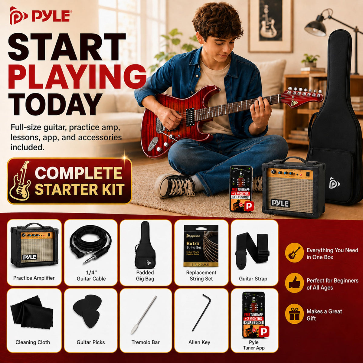 Red Full Size Electric Guitar Kit with Amp P8417
